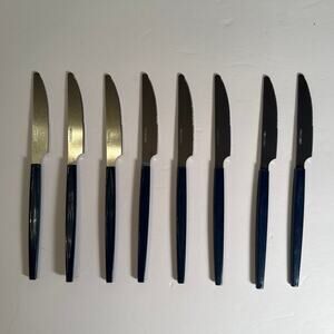 Set of 8 Stainless China Blue Plastic Handle Table Knives Silverware MCM Vintage